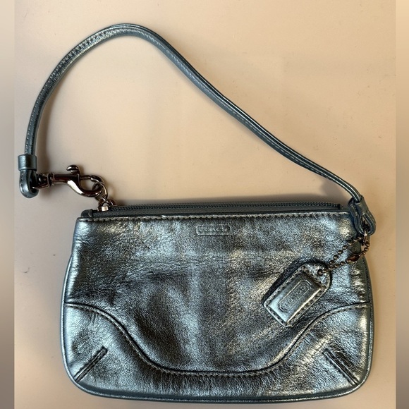 Coach Handbags - Coach Metallic Blue Leather Wristlet Clutch Small Zip Pouch
